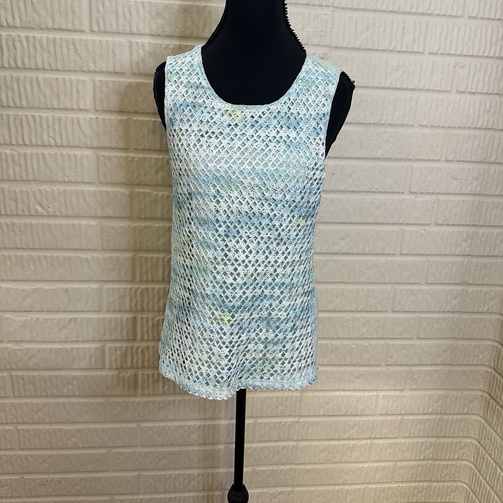NWT Chico's Mesh Crochet Knit Tank Top Sequin Sz 0 (S) Coastal Grandma Core